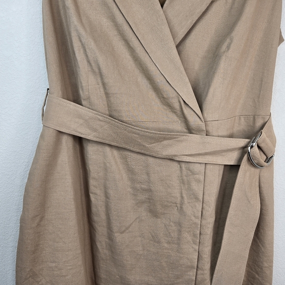 Boss Womens Career Dress Sz 14 Faux Wrap Linen Blend Pockets Lined Beige Belted - Picture 4 of 16